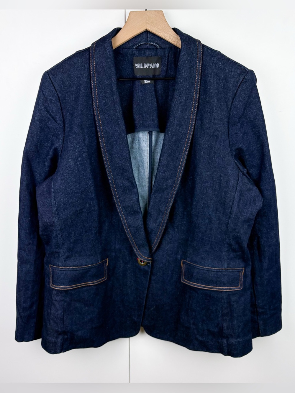 Wildfang Essential Denim Tux Blazer XL Cotton Jean Jacket Single Button Blue